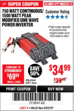 Harbor Freight Coupon 750 WATT CONTINUOUS/1500 WATT PEAK POWER INVERTER Lot No. 66817/69660 Expired: 6/23/19 - $34.99