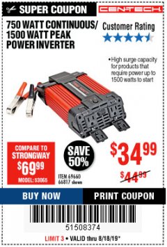 Harbor Freight Coupon 750 WATT CONTINUOUS/1500 WATT PEAK POWER INVERTER Lot No. 66817/69660 Expired: 8/18/19 - $34.99