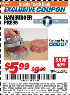 Harbor Freight ITC Coupon HAMBURGER PRESS Lot No. 44934 Expired: 11/30/18 - $5.99