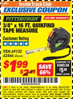 Harbor Freight ITC Coupon 3/4" X 16 FT. QUICKFIND TAPE MEASURE Lot No. 62466/69102 Expired: 11/30/18 - $1.99
