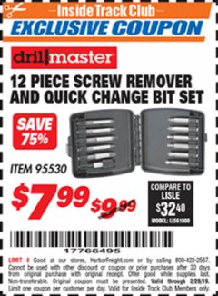 Harbor Freight ITC Coupon 12 PIECE SCREW REMOVER AND QUICK CHANGE BIT SET Lot No. 95530 Expired: 2/28/19 - $7.99