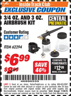 Harbor Freight ITC Coupon 3/4 OZ. AND 3 OZ. AIRBRUSH KIT Lot No. 62294 Expired: 11/30/18 - $6.99