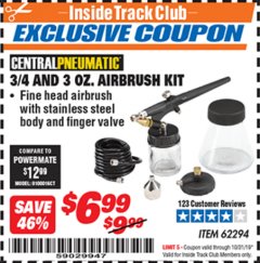 Harbor Freight ITC Coupon 3/4 OZ. AND 3 OZ. AIRBRUSH KIT Lot No. 62294 Expired: 10/31/19 - $6.99