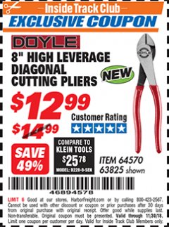 Harbor Freight ITC Coupon 8" HIGH LEVERAGE DIAGONAL CUTTING PLIERS Lot No. 63825/64570 Expired: 11/30/18 - $12.99