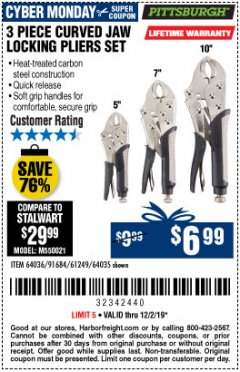Harbor Freight Coupon 3 PIECE CURVED JAW LOCKING PLIERS SET Lot No. 91684/69341/61249/64035/64036 Expired: 12/1/19 - $6.99