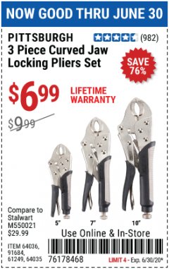 Harbor Freight Coupon 3 PIECE CURVED JAW LOCKING PLIERS SET Lot No. 91684/69341/61249/64035/64036 Expired: 6/30/20 - $6.99