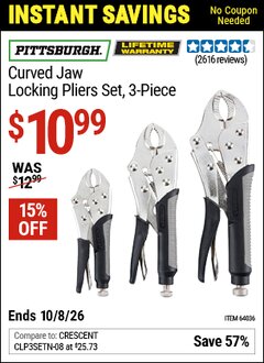 Harbor Freight Coupon PITTSBURGH CURVED JAW LOCKING PLIERS SET, 3-PIECE Lot No. 64036/91684/61249 Valid Thru: 10/8/26 - $10.99