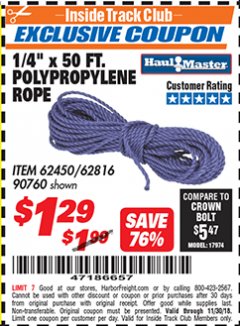 Harbor Freight ITC Coupon 1/4" X 50 FT. POLY ROPE Lot No. 90760/62450/62816 Expired: 11/30/18 - $1.29