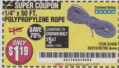 Harbor Freight Coupon 1/4" X 50 FT. POLY ROPE Lot No. 90760/62450/62816 Expired: 11/7/19 - $1.19