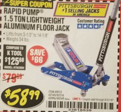 Harbor Freight Coupon RAPID PUMP 1.5 TON ALUMINUM RACING JACK Lot No. 68053/69252/60569/62160/62496/62516 Expired: 8/31/18 - $58.99