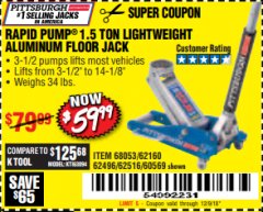 Harbor Freight Coupon RAPID PUMP 1.5 TON ALUMINUM RACING JACK Lot No. 68053/69252/60569/62160/62496/62516 Expired: 12/9/18 - $59.99
