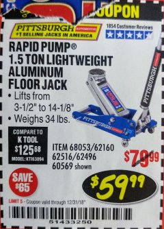 Harbor Freight Coupon RAPID PUMP 1.5 TON ALUMINUM RACING JACK Lot No. 68053/69252/60569/62160/62496/62516 Expired: 12/31/18 - $59.99