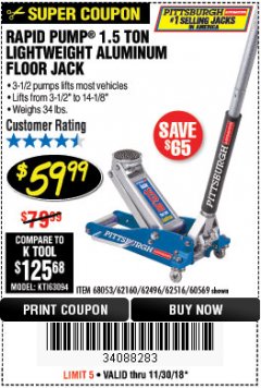 Harbor Freight Coupon RAPID PUMP 1.5 TON ALUMINUM RACING JACK Lot No. 68053/69252/60569/62160/62496/62516 Expired: 11/30/18 - $59.99