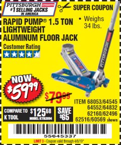 Harbor Freight Coupon RAPID PUMP 1.5 TON ALUMINUM RACING JACK Lot No. 68053/69252/60569/62160/62496/62516 Expired: 4/6/19 - $59.99
