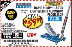 Harbor Freight Coupon RAPID PUMP 1.5 TON ALUMINUM RACING JACK Lot No. 68053/69252/60569/62160/62496/62516 Expired: 11/2/19 - $59.99