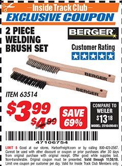 Harbor Freight ITC Coupon 2 PIECE WELDING BRUSH SET Lot No. 63514 Expired: 11/30/18 - $3.99