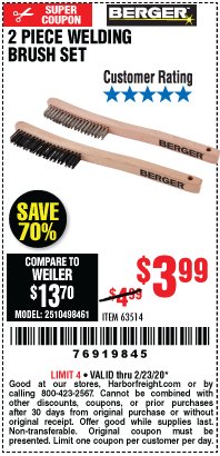 Harbor Freight Coupon 2 PIECE WELDING BRUSH SET Lot No. 63514 Expired: 2/23/20 - $3.99