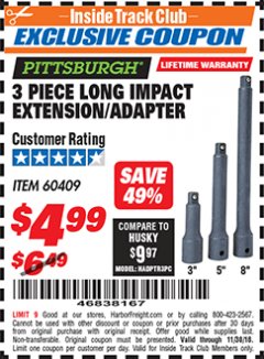 Harbor Freight ITC Coupon 3 PIECE LONG IMPACT EXTENSION/ADAPTER Lot No. 60409 Expired: 11/30/18 - $4.99