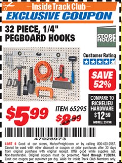 Harbor Freight ITC Coupon 32 PIECE, 1/4" PEGBOARD HOOKS Lot No. 65295 Expired: 11/30/18 - $5.99