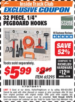 Harbor Freight ITC Coupon 32 PIECE, 1/4" PEGBOARD HOOKS Lot No. 65295 Expired: 2/28/19 - $5.99
