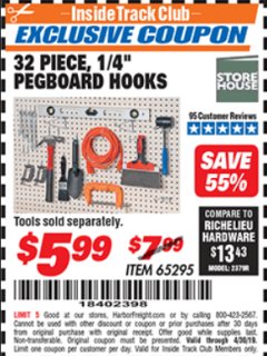 Harbor Freight ITC Coupon 32 PIECE, 1/4" PEGBOARD HOOKS Lot No. 65295 Expired: 4/30/19 - $5.99