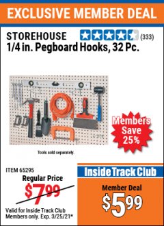 Harbor Freight ITC Coupon 32 PIECE, 1/4" PEGBOARD HOOKS Lot No. 65295 Expired: 3/25/21 - $5.99