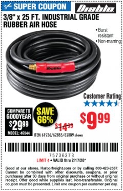 Harbor Freight Coupon 3/8"X25FT. INDUSTRIAL GRADE RUBBER AIR HOSE Lot No. 61936/62885/62889 Expired: 2/17/20 - $9.99
