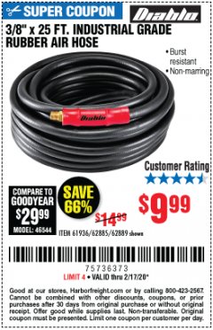Harbor Freight Coupon 3/8"X25FT. INDUSTRIAL GRADE RUBBER AIR HOSE Lot No. 61936,62885,62889 Expired: 2/17/20 - $9.99