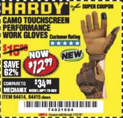 Harbor Freight Coupon HARDY CAMO HIGH-PERFORMANCE WORK GLOVES Lot No. 64414/64415 Expired: 7/12/19 - $12.99