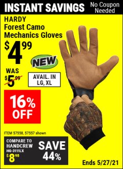 Harbor Freight Coupon HARDY CAMO TOUCHSCREEN PERFORMANCE WORK GLOVES Lot No. 64415/64414 Expired: 4/29/21 - $4.99
