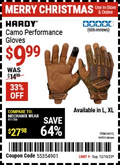 Harbor Freight Coupon HARDY CAMO TOUCHSCREEN PERFORMANCE WORK GLOVES Lot No. 64415/64414 Expired: 12/10/23 - $9.99