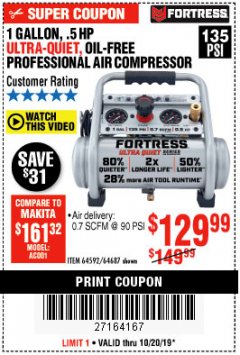 Harbor Freight Coupon FORTRESS 1 GALLON, .5HP, 135 PSI OIL FREE PORTABLE AIR COMPRESSOR Lot No. 64592/64687 Expired: 10/20/19 - $129.99