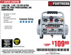 Harbor Freight Coupon FORTRESS 1 GALLON, .5HP, 135 PSI OIL FREE PORTABLE AIR COMPRESSOR Lot No. 64592/64687 Expired: 1/20/20 - $109.99