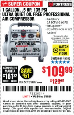 Harbor Freight Coupon FORTRESS 1 GALLON, .5HP, 135 PSI OIL FREE PORTABLE AIR COMPRESSOR Lot No. 64592/64687 Expired: 2/16/20 - $109.99