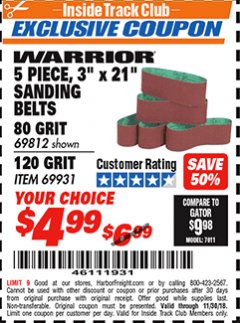 Harbor Freight ITC Coupon WARRIOR 3 PIECE, 3" X 21" SANDING BELTS Lot No. 69812/69931 Expired: 11/30/18 - $4.99