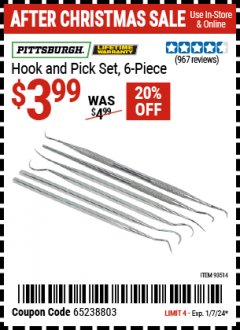 Harbor Freight Coupon 6 PIECE HOOK AND PICK SET Lot No. 93514 Expired: 1/7/24 - $3.99
