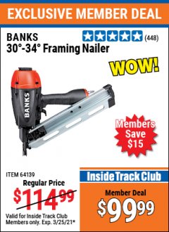 Harbor Freight ITC Coupon BANKS 30&deg; TO 34&deg; FRAMING NAILER Lot No. 64139 Expired: 3/25/21 - $99.99