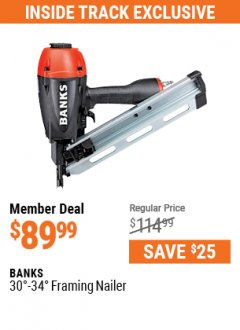 Harbor Freight ITC Coupon BANKS 30&deg; TO 34&deg; FRAMING NAILER Lot No. 64139 Expired: 5/31/21 - $89.99