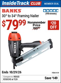 Harbor Freight ITC Coupon BANKS 30&deg; TO 34&deg; FRAMING NAILER Lot No. 64139 Valid Thru: 10/29/26 - $79.99