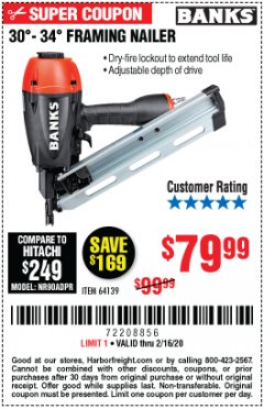 Harbor Freight Coupon BANKS 30&deg; TO 34&deg; FRAMING NAILER Lot No. 64139 Expired: 2/16/20 - $79.99