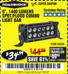Harbor Freight Coupon ROADSHOCK 1440 LUMENS 8 IN. COMBO LIGHT BAR Lot No. 64324 Expired: 11/26/19 - $34.99