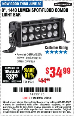 Harbor Freight Coupon ROADSHOCK 1440 LUMENS 8 IN. COMBO LIGHT BAR Lot No. 64324 Expired: 6/30/20 - $34.99
