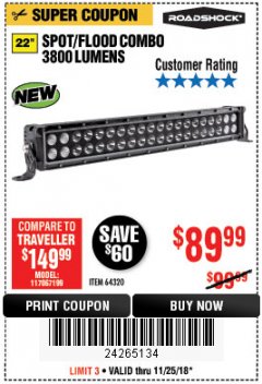 Harbor Freight Coupon ROADSHOCK 22 IN. SPOT/FLOOD COMBO LED LIGHT BAR Lot No. 64320 Expired: 11/25/18 - $89.99
