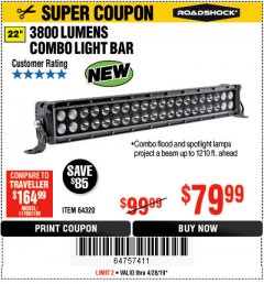 Harbor Freight Coupon ROADSHOCK 22 IN. SPOT/FLOOD COMBO LED LIGHT BAR Lot No. 64320 Expired: 4/28/19 - $79.99