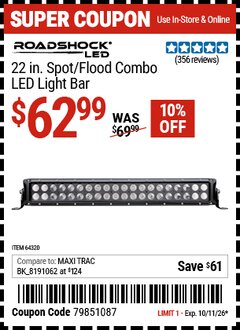 Harbor Freight Coupon ROADSHOCK 22 IN. SPOT/FLOOD COMBO LED LIGHT BAR Lot No. 64320 EXPIRES: 10/11/26 - $62.99