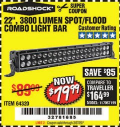 Harbor Freight Coupon ROADSHOCK 22 IN. SPOT/FLOOD COMBO LED LIGHT BAR Lot No. 64320 Expired: 2/27/20 - $79.99