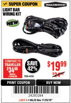 Harbor Freight Coupon ROADSHOCK OFF-ROAD LIGHT WIRING KIT Lot No. 64330 Expired: 11/25/18 - $19.99