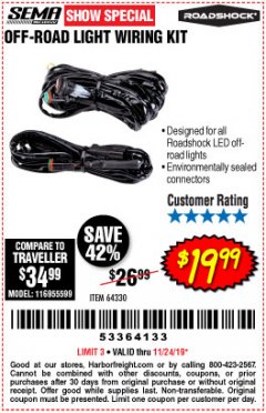 Harbor Freight Coupon ROADSHOCK OFF-ROAD LIGHT WIRING KIT Lot No. 64330 Expired: 11/24/19 - $19.99