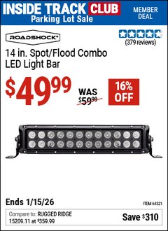 Harbor Freight ITC Coupon ROADSHOCK 14 IN. SPOT/FLOOD COMBO LED LIGHT BAR Lot No. 64321 Expired: 1/15/26 - $49.99