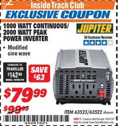 Harbor Freight ITC Coupon 1000 WATT CONTINUOUS / 2000 WATT PEAK POWER INVERTER Lot No. 63523 Expired: 10/31/19 - $79.99